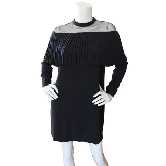 Maje Remia Pleated Illusion Neckline Long Sleeve Shift Dress Navy - Picture 3 of 6